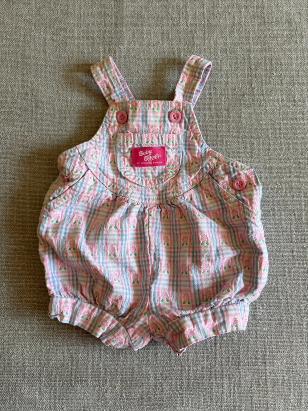 Vintage Oshkosh vestback baby girl Romper bib overalls floral plaid 3/6 months